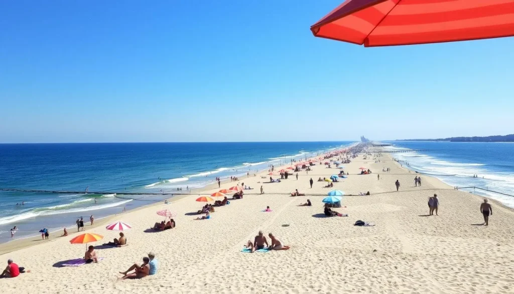 Summer beach scene on Fire Island with people enjoying the sun and surf Summer beach scene on Fire Island with people enjoying the sun and surf