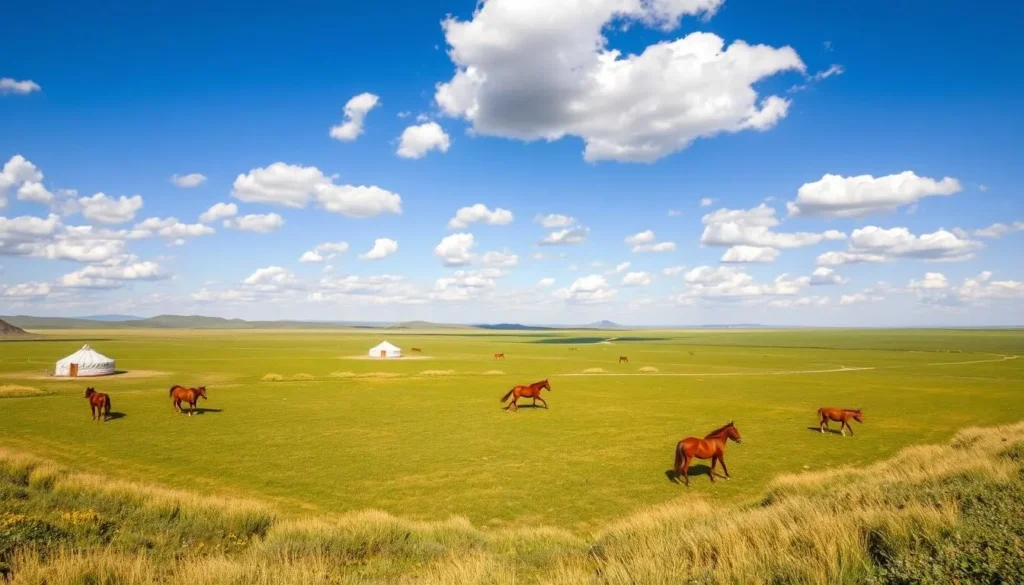 Summer landscape in Mongolia with green steppes, ger camps and horses grazing, perfect time for Mongolia Best Things to Do