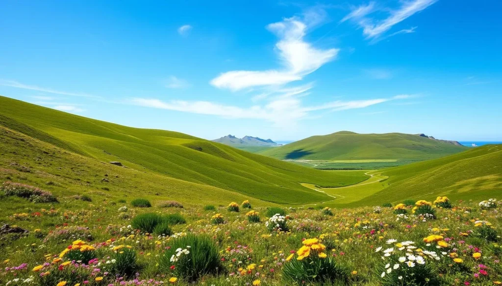Summer landscape in the Falkland Islands with blooming wildflowers and clear blue skies Summer landscape in the Falkland Islands with blooming wildflowers and clear blue skies