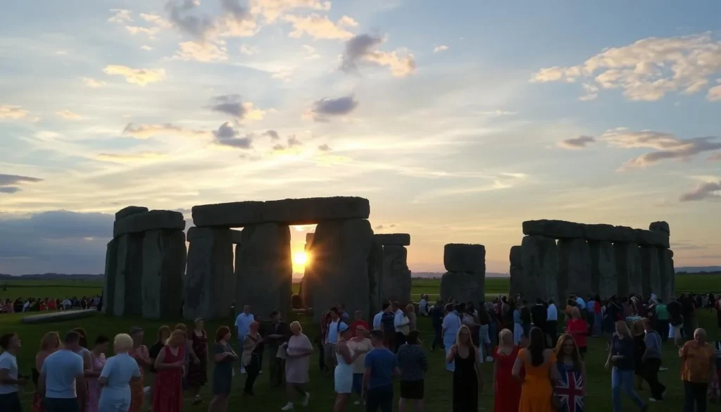 Summer solstice celebration at Stonehenge with crowds gathered to watch sunrise