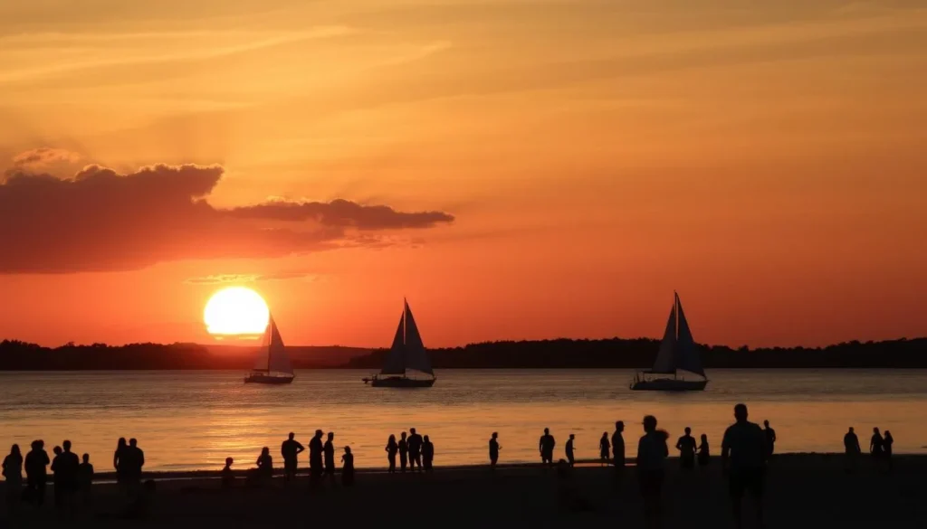 Summer sunset over Carlyle Lake with boats on the water and people enjoying beach activities