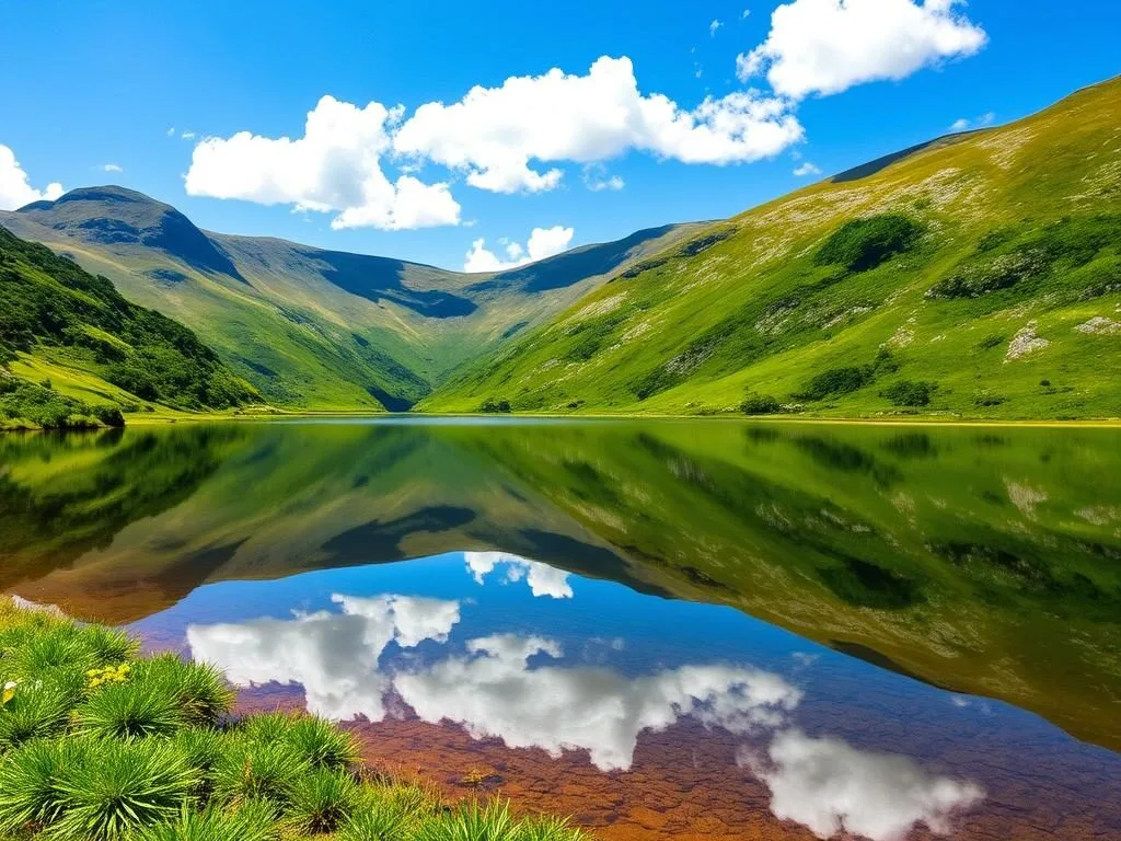 Summer view of Buttermere lake in the Lake District with perfect reflections of surrounding mountains Summer view of Buttermere lake in the Lake District with perfect reflections of surrounding mountains