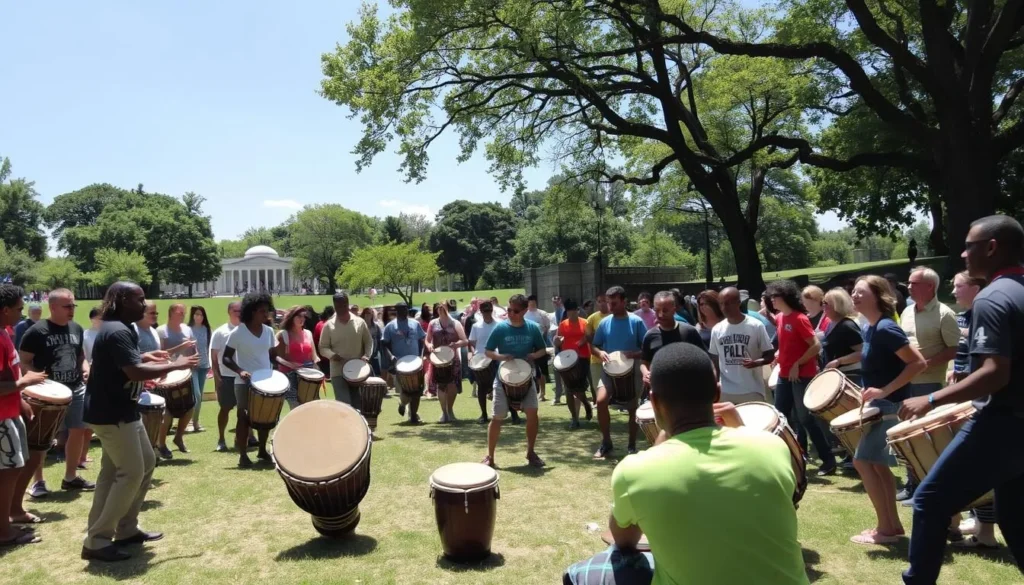 Sunday drum circle gathering at Meridian Hill Park with diverse crowd and drummers Sunday drum circle gathering at Meridian Hill Park with diverse crowd and drummers