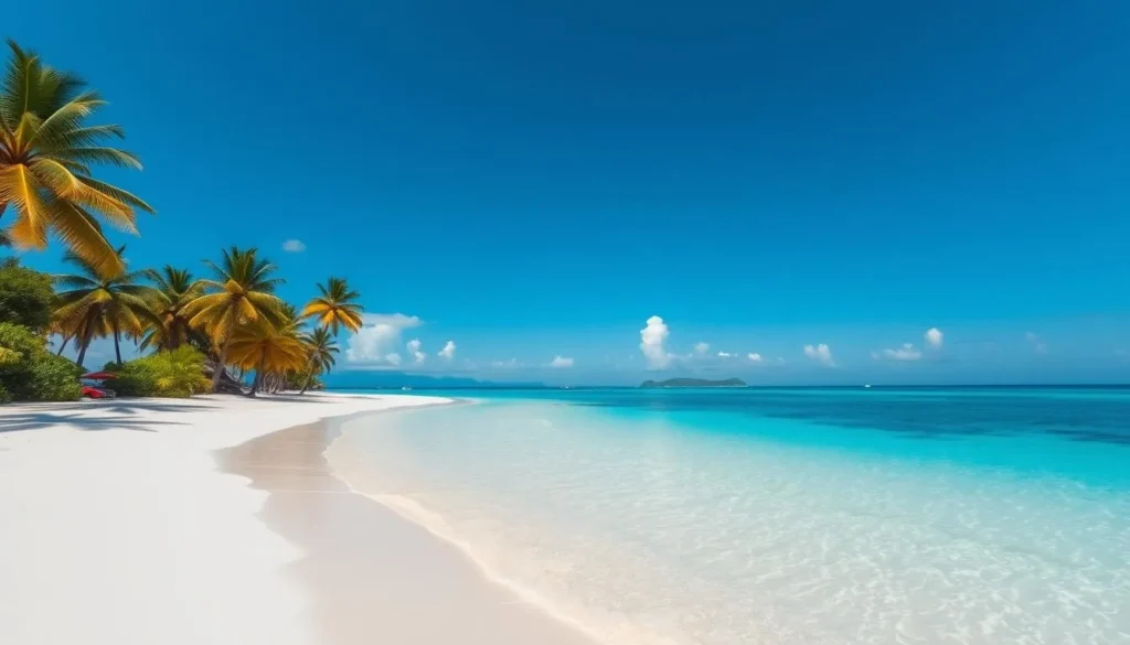 Sunny beach in Palau during dry season with clear blue skies and calm turquoise waters Sunny beach in Palau during dry season with clear blue skies and calm turquoise waters