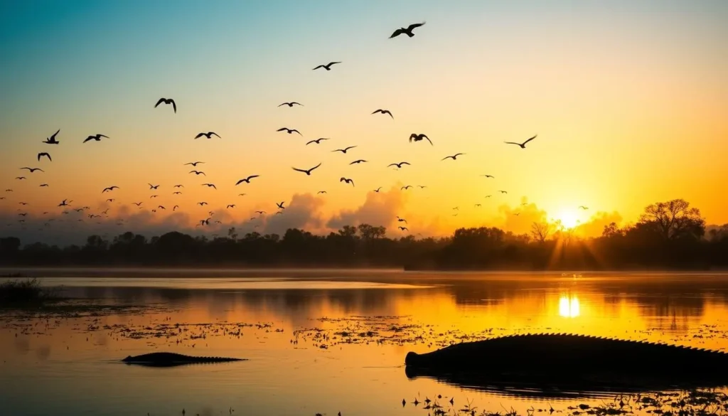 Sunrise over Yellow Water Billabong with silhouettes of birds and a crocodile visible in the water Sunrise over Yellow Water Billabong with silhouettes of birds and a crocodile visible in the water