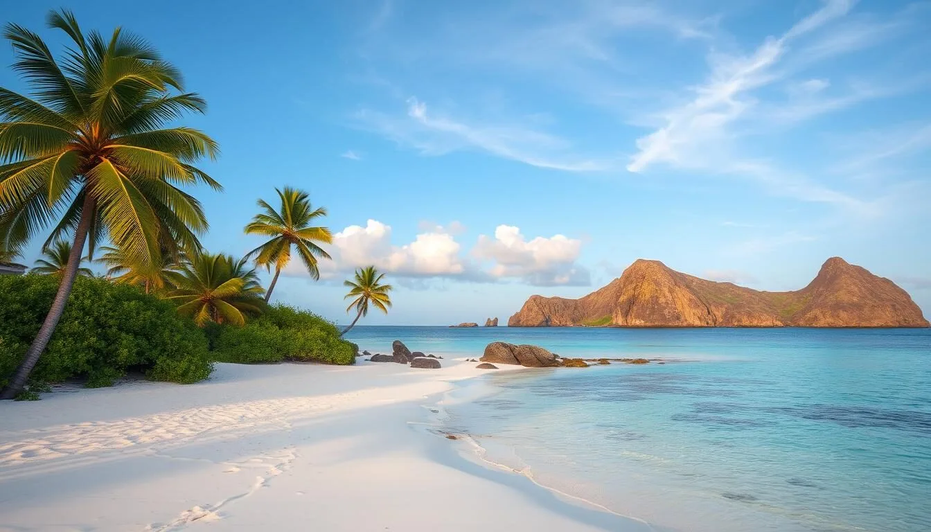 Sunrise view of Anibare Bay in Nauru with palm trees and crystal clear waters