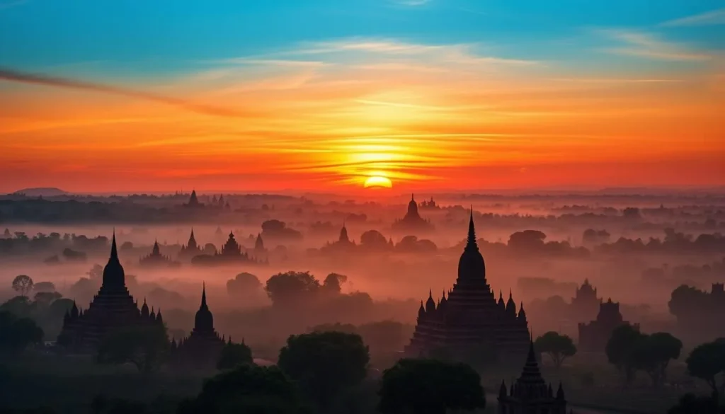 Sunrise view over Bagan with temples silhouetted against the colorful sky Sunrise view over Bagan with temples silhouetted against the colorful sky