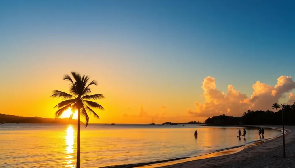 Sunset at Carlisle Bay, Barbados with golden light reflecting on calm waters and silhouettes of palm trees Sunset at Carlisle Bay, Barbados with golden light reflecting on calm waters and silhouettes of palm trees