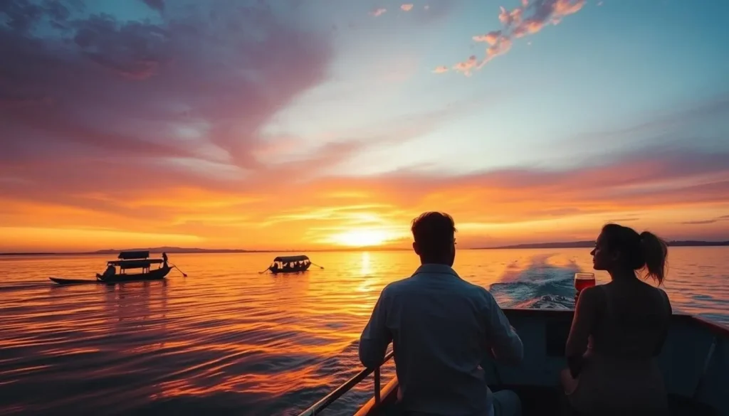 Sunset boat cruise on Lake Malawi with silhouettes of traditional fishing boats