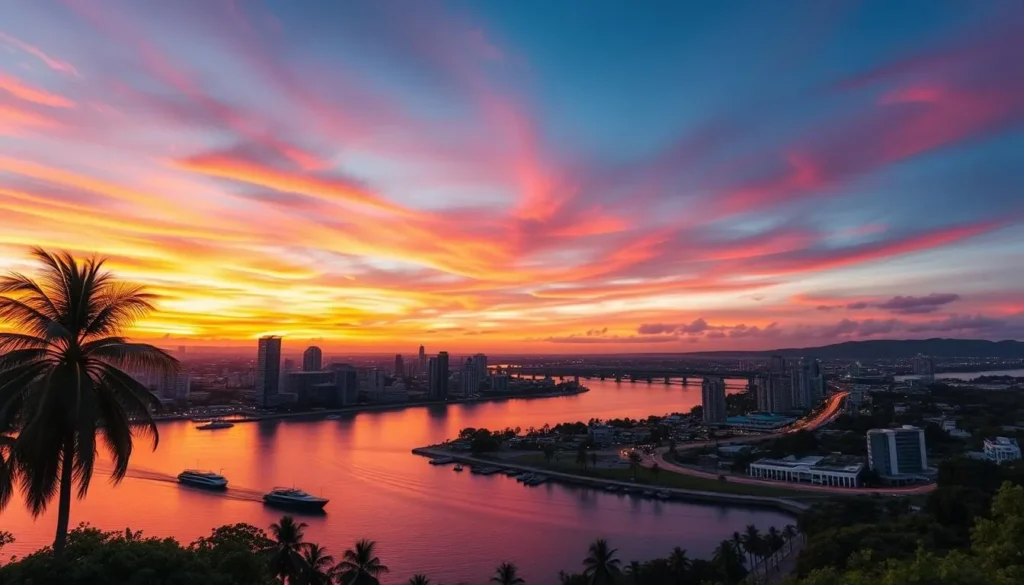 Sunset over Barranquilla skyline with the Magdalena River and colorful sky Sunset over Barranquilla skyline with the Magdalena River and colorful sky