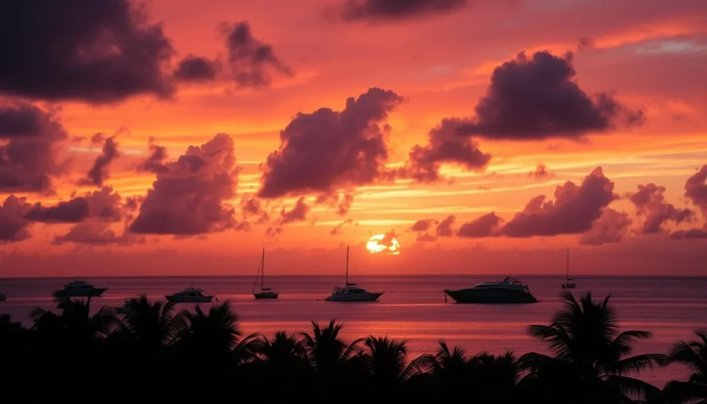Sunset over Bonaire National Marine Park with boats silhouetted against orange sky