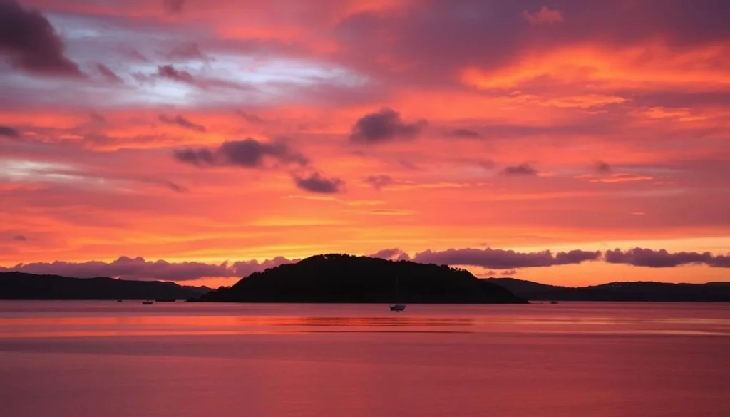 Sunset over Bryher Island with boats silhouetted against the colorful sky Sunset over Bryher Island with boats silhouetted against the colorful sky