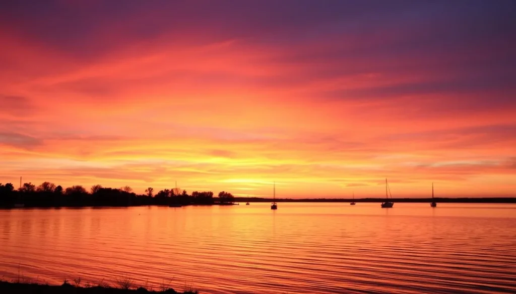 Sunset over Carlyle Lake with silhouettes of trees and boats on the water