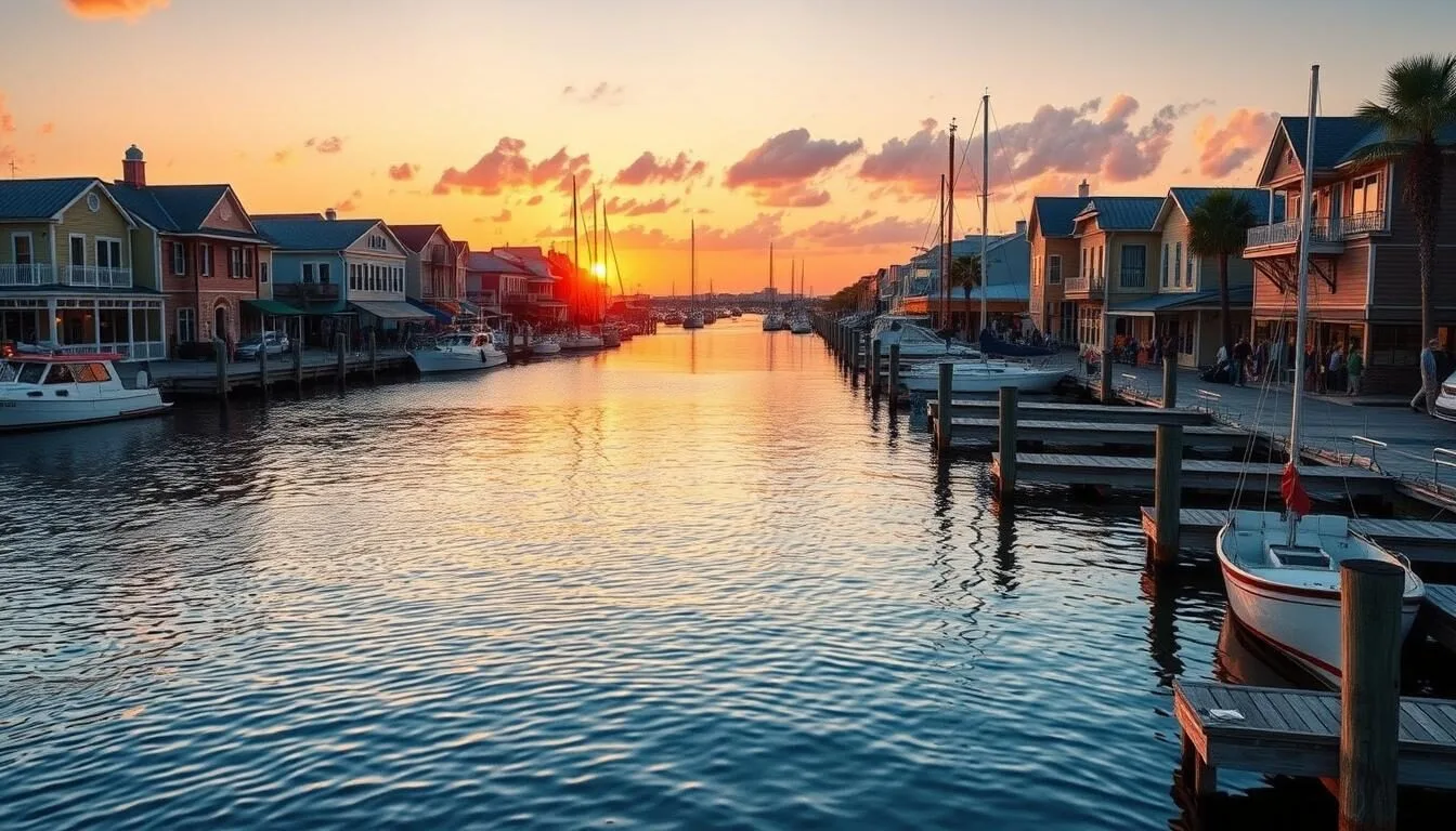 Sunset over Cedar Key's historic dock street with fishing boats in the foreground and colorful buildings lining the waterfront