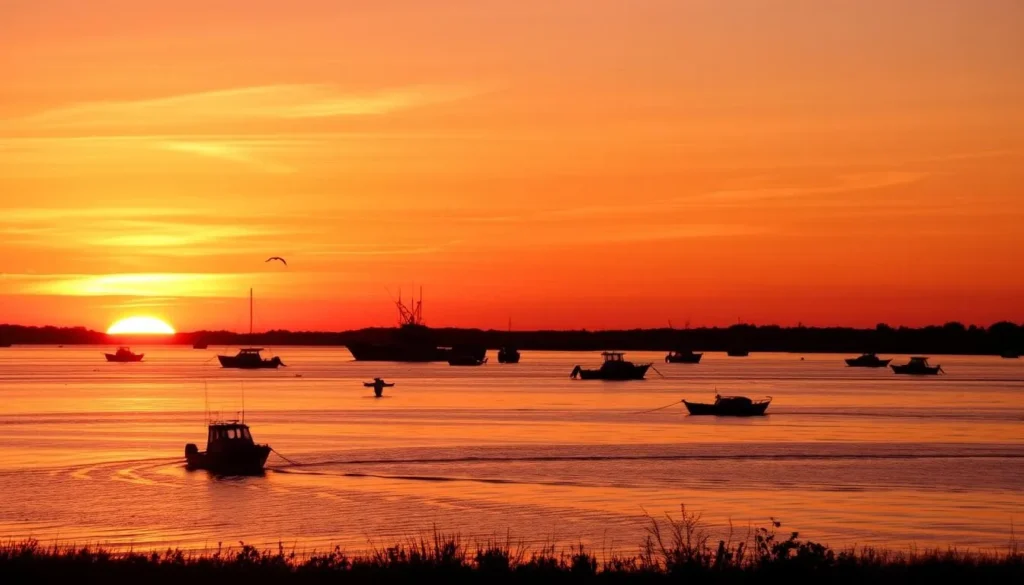 Sunset over Chincoteague Bay with silhouettes of boats and birds Sunset over Chincoteague Bay with silhouettes of boats and birds