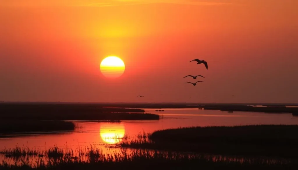 Sunset over Chincoteague marshlands with silhouettes of birds flying in the distance Sunset over Chincoteague marshlands with silhouettes of birds flying in the distance