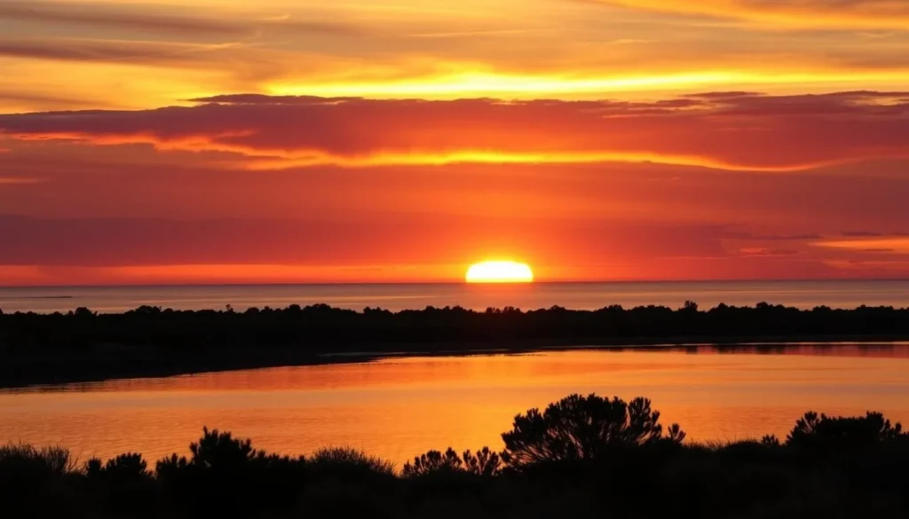 Sunset over Coffin Bay National Park on the Eyre Peninsula South Australia with golden light reflecting on calm waters Sunset over Coffin Bay National Park on the Eyre Peninsula South Australia with golden light reflecting on calm waters