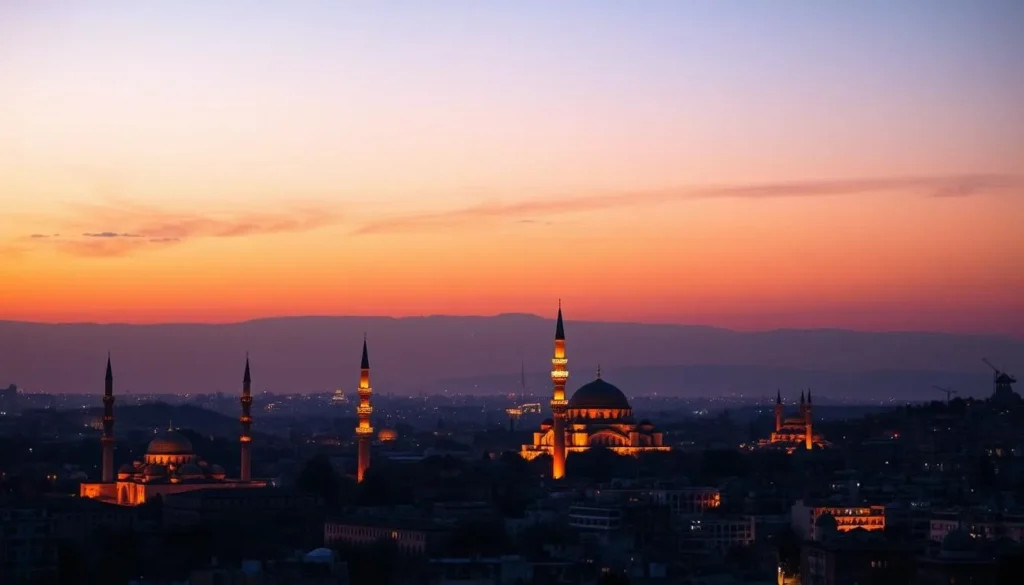 Sunset over Damascus skyline with historic minarets and architecture Sunset over Damascus skyline with historic minarets and architecture