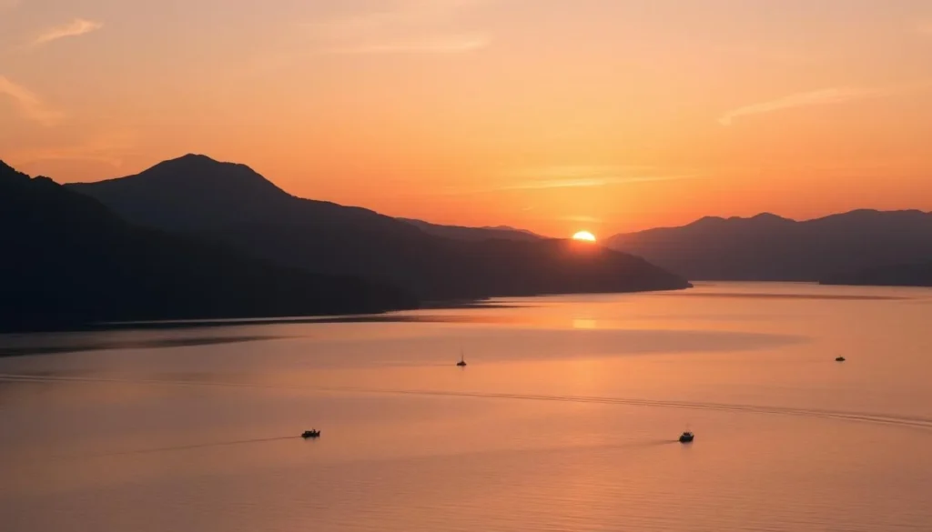 Sunset over Derwentwater with boats silhouetted against golden light in the Lake District Sunset over Derwentwater with boats silhouetted against golden light in the Lake District