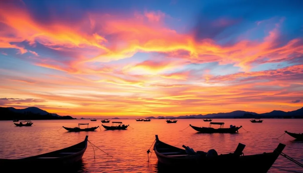 Sunset over Dili Bay in Timor-Leste with traditional boats Sunset over Dili Bay in Timor-Leste with traditional boats