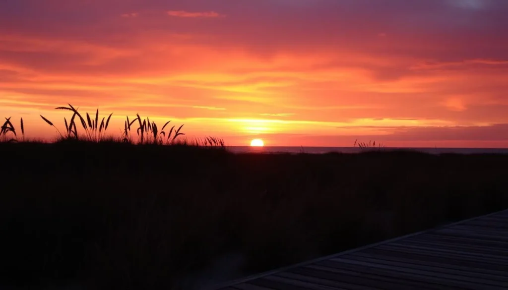 Sunset over Fire Island with silhouettes of beach grass against orange sky Sunset over Fire Island with silhouettes of beach grass against orange sky