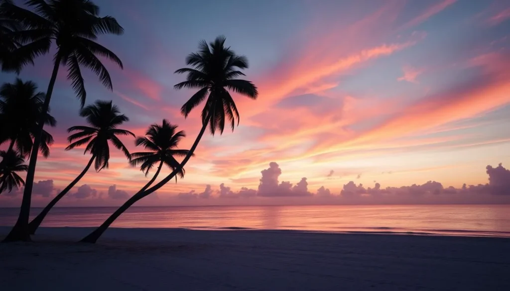 Sunset over Harbour Island Bahamas beach with palm trees