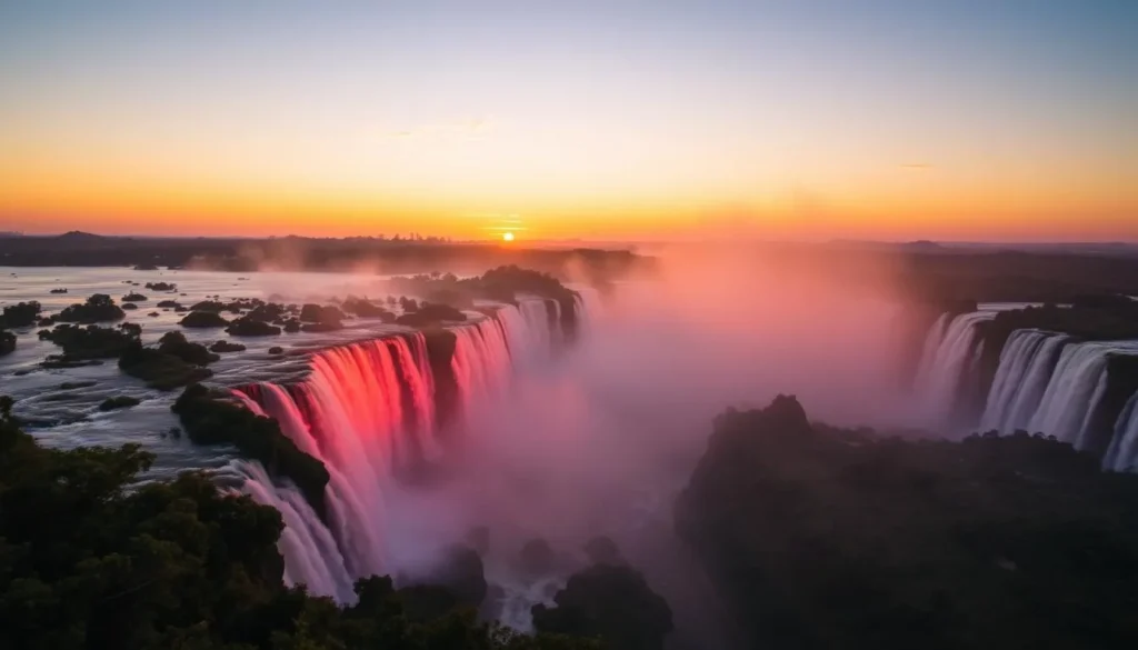 Sunset over Iguaçu Falls with golden light illuminating the cascades