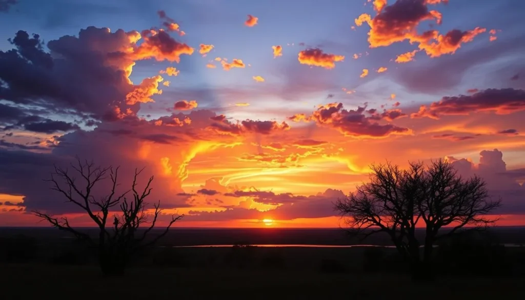 Sunset over Kakadu National Park floodplains with dramatic clouds and silhouettes of trees Sunset over Kakadu National Park floodplains with dramatic clouds and silhouettes of trees