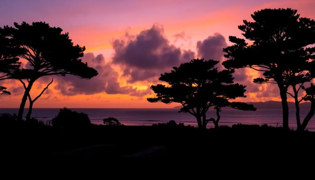 Sunset over Kingston Bay on Norfolk Island with silhouettes of Norfolk pines against an orange and purple sky, reflecting in the calm ocean waters Sunset over Kingston Bay on Norfolk Island with silhouettes of Norfolk pines against an orange and purple sky, reflecting in the calm ocean waters