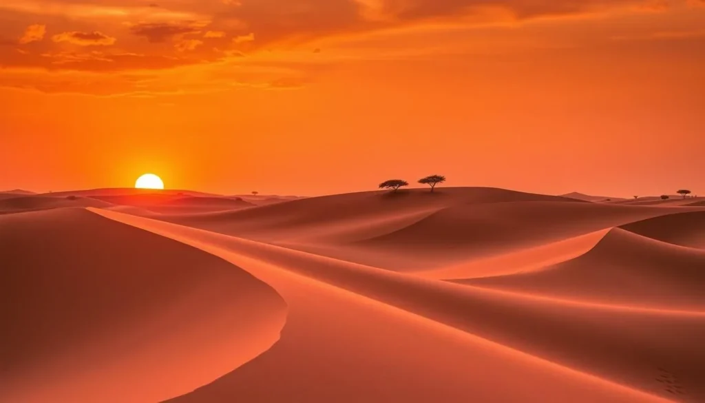 Sunset over La Dune Rose (Pink Dunes) near Gao showing the characteristic pink glow