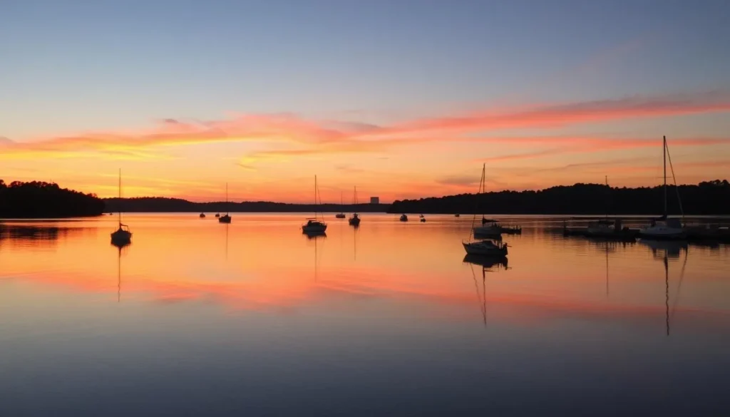 Sunset over Lake Macquarie with boats moored in calm waters