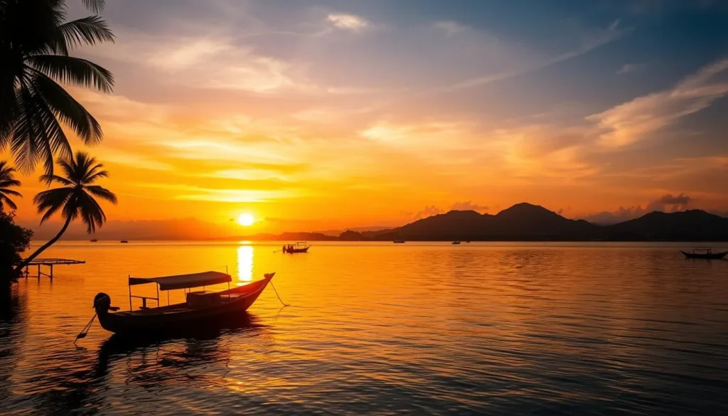 Sunset over Langkawi Island with traditional boat silhouette Sunset over Langkawi Island with traditional boat silhouette
