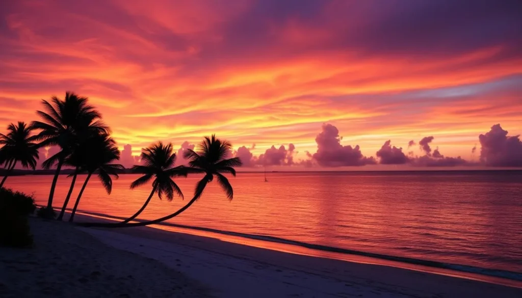 Sunset over Little Cayman's coastline with silhouettes of palm trees