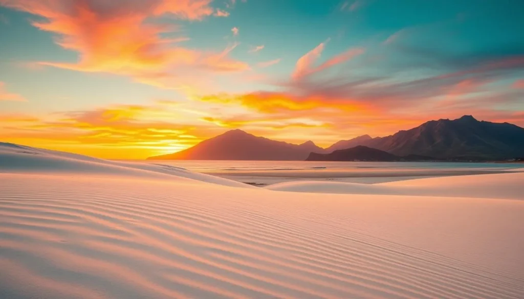 Sunset over Luskentyre Beach in the Outer Hebrides showing golden light on white sand and turquoise water