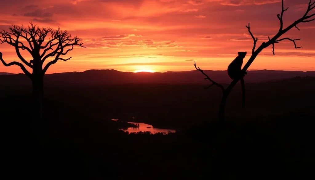 Sunset over Madagascar landscape with silhouetted wildlife and distinctive vegetation Sunset over Madagascar landscape with silhouetted wildlife and distinctive vegetation