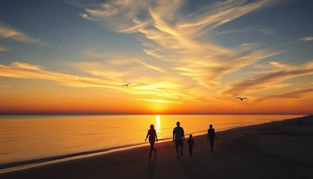 Sunset over Mustang Island beach with golden light reflecting on the water and a family walking along the shoreline
