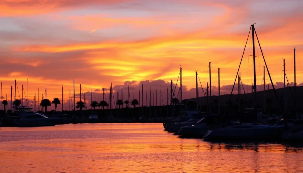 Sunset over Nelson Bay Marina with boats silhouetted against colorful sky