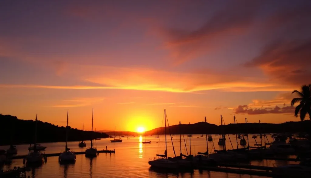 Sunset over Nelson Bay harbor with boats silhouetted against an orange and purple sky Sunset over Nelson Bay harbor with boats silhouetted against an orange and purple sky