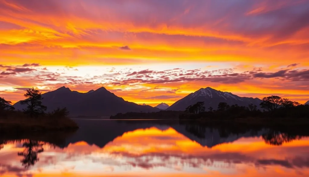 Sunset over New Zealand landscape with mountains and lake, inspiring travel destination Sunset over New Zealand landscape with mountains and lake, inspiring travel destination