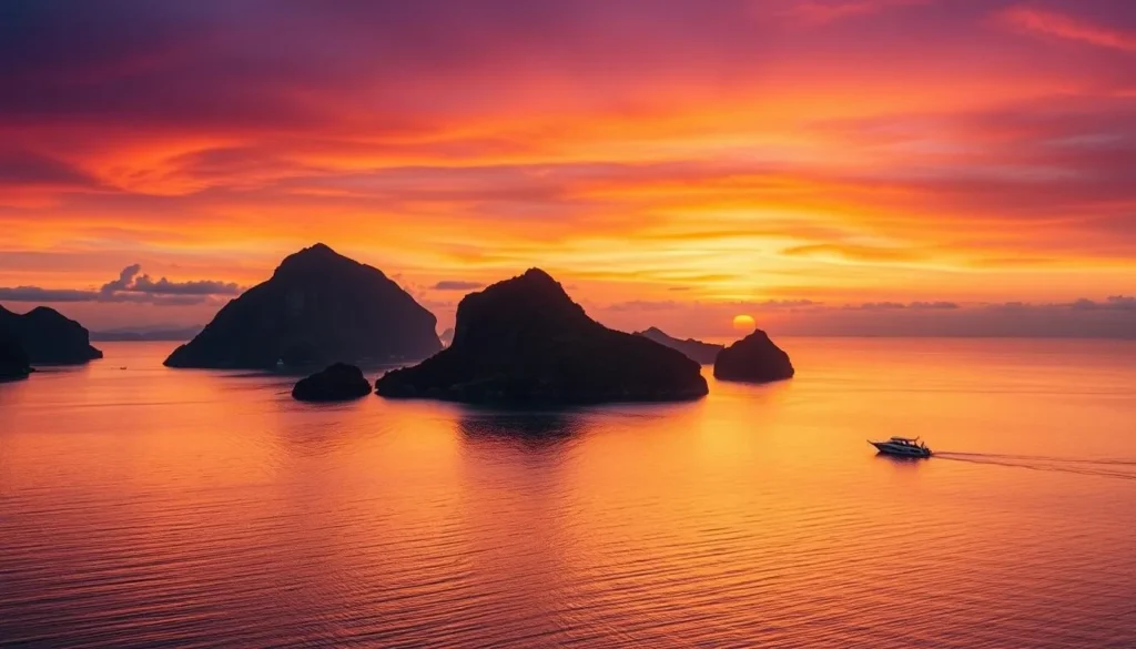 Sunset over Palau's Rock Islands with silhouettes of limestone formations Sunset over Palau's Rock Islands with silhouettes of limestone formations