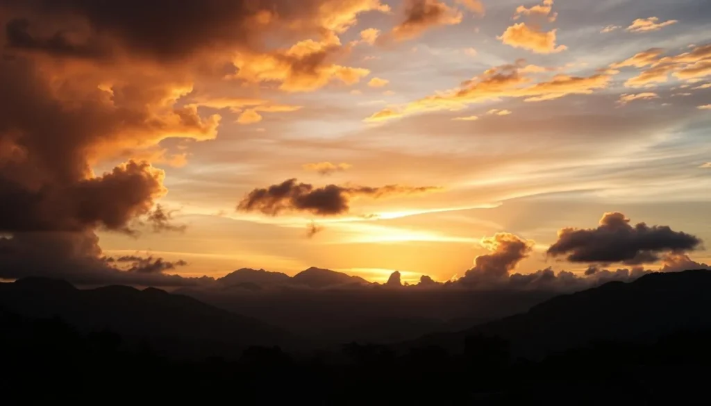Sunset over Papua New Guinea mountains with traditional village in foreground