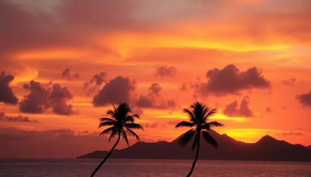 Sunset over Principe island with silhouettes of palm trees - the perfect end to a day exploring the best things to do in Sao Tome and Principe