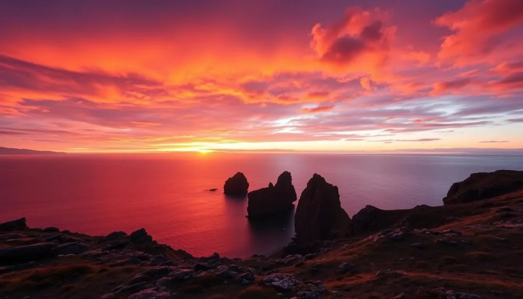 Sunset over Shetland coastline with dramatic sky and silhouetted cliffs