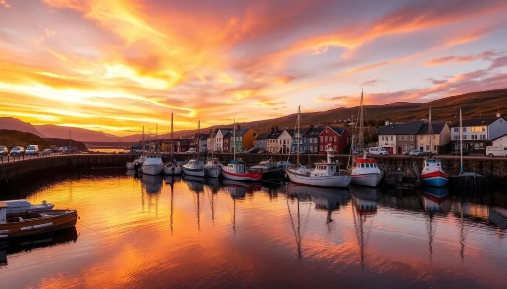 Sunset over Stornoway Harbor with fishing boats and colorful buildings