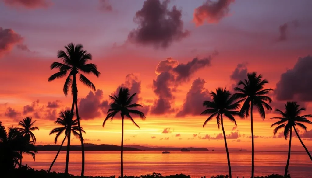 Sunset over Thursday Island with palm trees silhouetted against an orange and purple sky Sunset over Thursday Island with palm trees silhouetted against an orange and purple sky