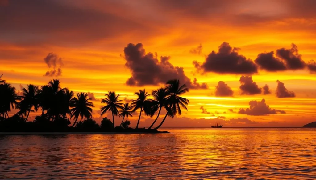 Sunset over Tokelau's lagoon with silhouettes of palm trees