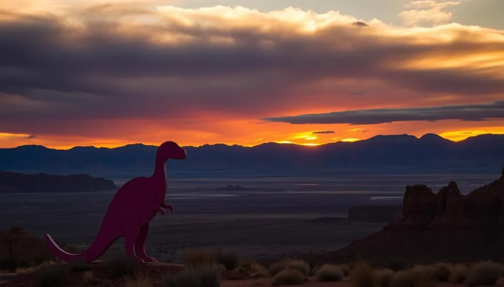 Sunset over Vernal, Utah with dinosaur statue silhouette and red rock formations Sunset over Vernal, Utah with dinosaur statue silhouette and red rock formations