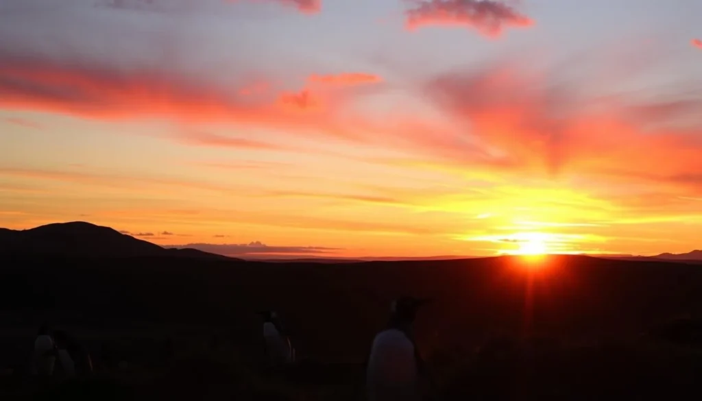 Sunset over a Falkland Islands landscape with penguins silhouetted against the colorful sky Sunset over a Falkland Islands landscape with penguins silhouetted against the colorful sky