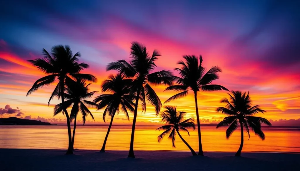 Sunset over a Marshall Islands beach with palm trees silhouetted against an orange and purple sky Sunset over a Marshall Islands beach with palm trees silhouetted against an orange and purple sky