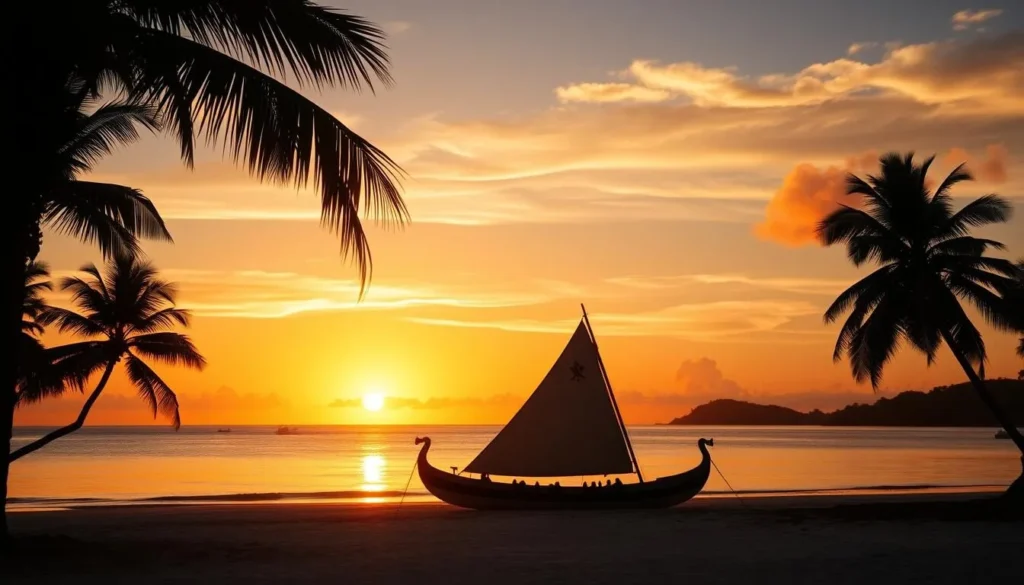 Sunset over a Torres Strait beach with palm trees and traditional sailing canoe Sunset over a Torres Strait beach with palm trees and traditional sailing canoe